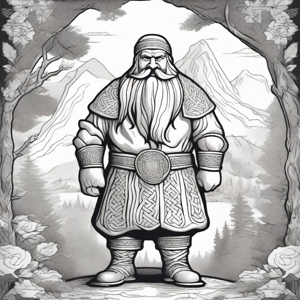 A black and white, Celtic-style line drawing of a medieval fantasy dwarf