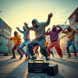 A vibrant hip-hop scene showcasing a diverse group of dancers performing energetic breakdance moves on a graffiti-covered urban street