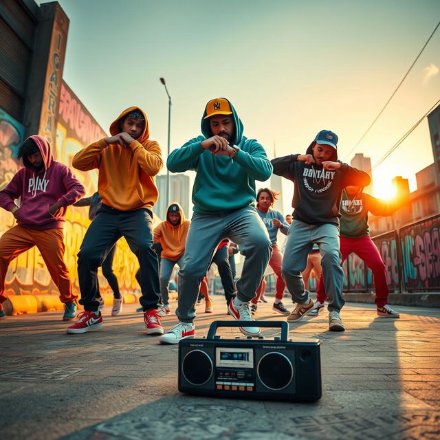 A vibrant hip-hop scene showcasing a diverse group of dancers performing energetic breakdance moves on a graffiti-covered urban street