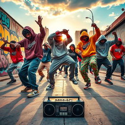 A vibrant hip-hop scene showcasing a diverse group of dancers performing energetic breakdance moves on a graffiti-covered urban street