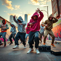 A vibrant hip-hop scene showcasing a diverse group of dancers performing energetic breakdance moves on a graffiti-covered urban street