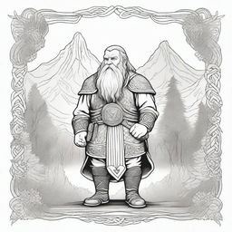 A black and white, Celtic-style line drawing of a medieval fantasy dwarf