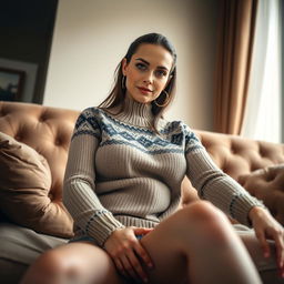 A strikingly realistic photo of a skinny dominatrix with large fake breasts, confidently sitting on a luxurious posh sofa