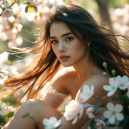 A beautiful, ethereal young woman with long flowing hair, sitting in a serene natural setting, surrounded by soft pastel flowers in full bloom