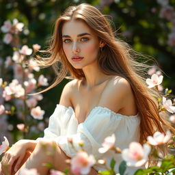 A beautiful, ethereal young woman with long flowing hair, sitting in a serene natural setting, surrounded by soft pastel flowers in full bloom