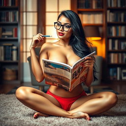 A beautiful Indian woman wearing trendy black spectacles, dressed in a short red thong, sitting on a plush carpet in a stylish study room