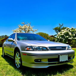 A stunning Nissan Primera SLX from 1999, parked in a lush green park under brilliant blue skies