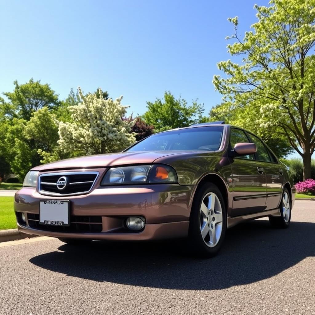 A stunning Nissan Primera SLX from 1999, parked in a lush green park under brilliant blue skies