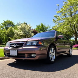 A stunning Nissan Primera SLX from 1999, parked in a lush green park under brilliant blue skies