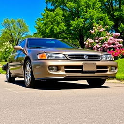 A stunning Nissan Primera SLX from 1999, parked in a lush green park under brilliant blue skies