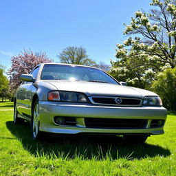 A stunning Nissan Primera SLX from 1999, parked in a lush green park under brilliant blue skies