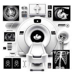 A black and white artistic representation depicting the technological elements of medical imaging
