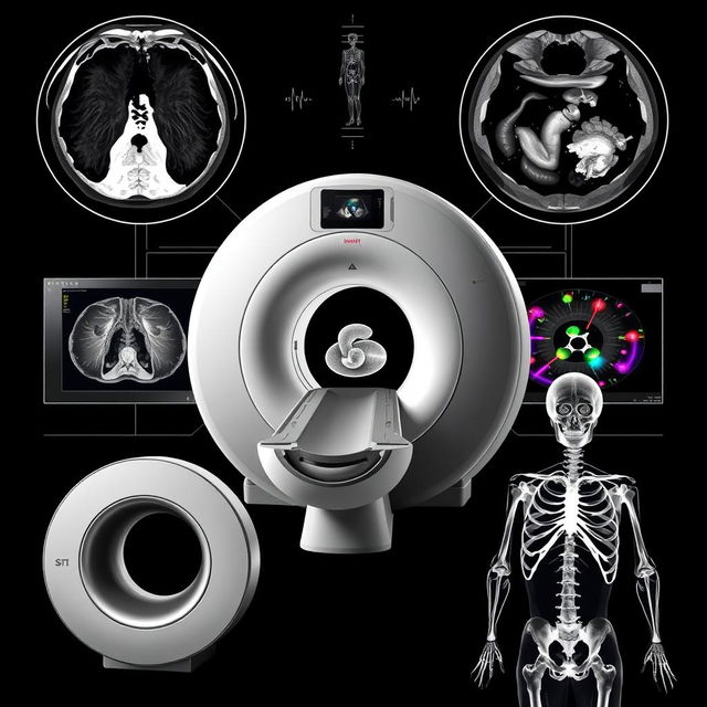 A black and white artistic representation depicting the technological elements of medical imaging