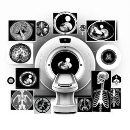 A black and white artistic representation depicting the technological elements of medical imaging