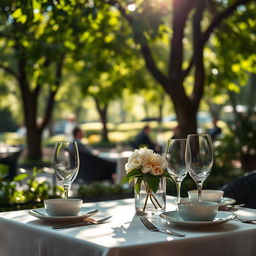 A serene outdoor café scene with a focus on an elegant table set for two