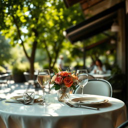 A serene outdoor café scene with a focus on an elegant table set for two