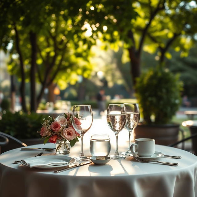 A serene outdoor café scene with a focus on an elegant table set for two