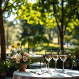 A serene outdoor café scene with a focus on an elegant table set for two