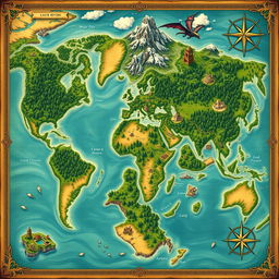 A detailed world map featuring lush green forests, towering mountains, sprawling deserts, and winding rivers