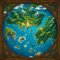 A detailed world map featuring lush green forests, towering mountains, sprawling deserts, and winding rivers