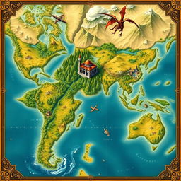 A detailed world map featuring lush green forests, towering mountains, sprawling deserts, and winding rivers