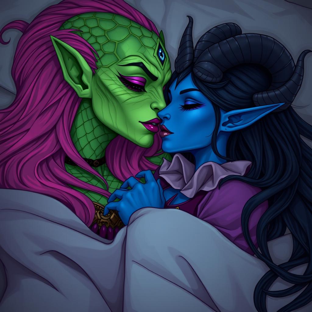 An illustration depicting a Yuan-ti pureblood woman with vibrant green scaly skin, characterized by long, full bright pink hair and striking purple lipstick