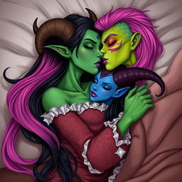 An illustration depicting a Yuan-ti pureblood woman with vibrant green scaly skin, characterized by long, full bright pink hair and striking purple lipstick