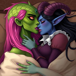 An illustration depicting a Yuan-ti pureblood woman with vibrant green scaly skin, characterized by long, full bright pink hair and striking purple lipstick