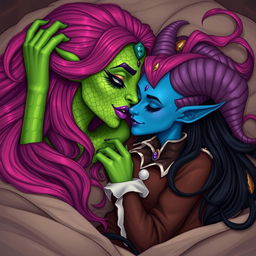 An illustration depicting a Yuan-ti pureblood woman with vibrant green scaly skin, characterized by long, full bright pink hair and striking purple lipstick