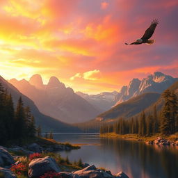 A majestic mountain range at sunset, bathed in warm golden light, casting vibrant colors in the sky with a palette of orange, pink, and purple