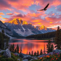 A majestic mountain range at sunset, bathed in warm golden light, casting vibrant colors in the sky with a palette of orange, pink, and purple