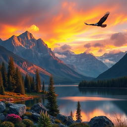 A majestic mountain range at sunset, bathed in warm golden light, casting vibrant colors in the sky with a palette of orange, pink, and purple