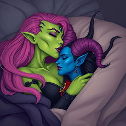 An illustration capturing the intimate moment of a Yuan-ti pureblood woman with vibrant green scaly skin and long, full bright pink hair adorned with purple lipstick