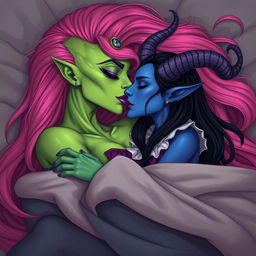 An illustration capturing the intimate moment of a Yuan-ti pureblood woman with vibrant green scaly skin and long, full bright pink hair adorned with purple lipstick