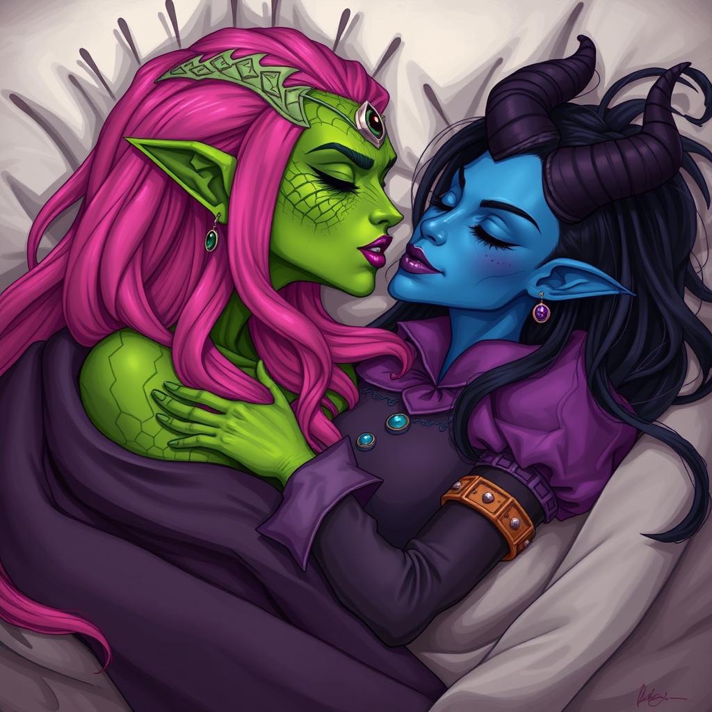 An illustration capturing the intimate moment of a Yuan-ti pureblood woman with vibrant green scaly skin and long, full bright pink hair adorned with purple lipstick