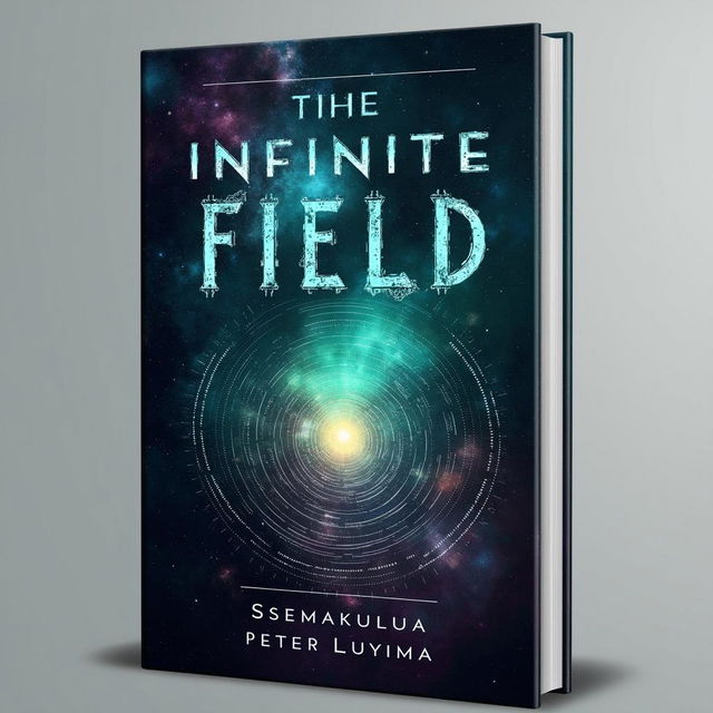 A striking book cover design for "The Infinite Field: Biofield Innovations, Psychotronic Devices, and the Fourth Law of Logic in the New Age of Inventions" by Ssemakula Peter Luyima