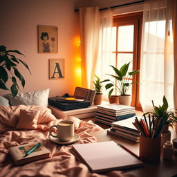 A dreamy lo-fi aesthetic scene featuring a cozy bedroom with soft, warm lighting