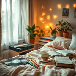 A dreamy lo-fi aesthetic scene featuring a cozy bedroom with soft, warm lighting