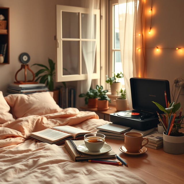 A dreamy lo-fi aesthetic scene featuring a cozy bedroom with soft, warm lighting