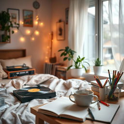 A dreamy lo-fi aesthetic scene featuring a cozy bedroom with soft, warm lighting