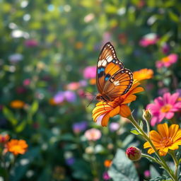 A stunning close-up photograph of a realistic butterfly perched delicately on a vibrant flower in a lush natural environment