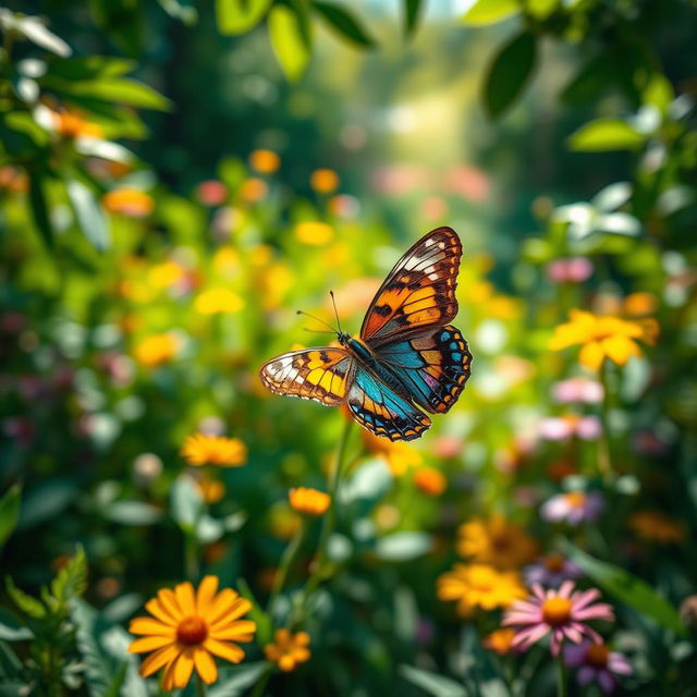 A stunning close-up photograph of a realistic butterfly perched delicately on a vibrant flower in a lush natural environment