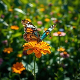 A stunning close-up photograph of a realistic butterfly perched delicately on a vibrant flower in a lush natural environment