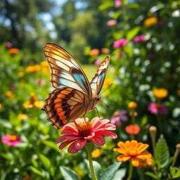 A stunning close-up photograph of a realistic butterfly perched delicately on a vibrant flower in a lush natural environment