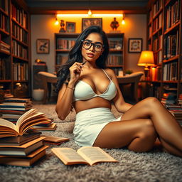 A sexy beautiful Indian woman wearing stylish black spectacles, dressed in a short white mini skirt, lounging alluringly on a plush carpet in a chic study room