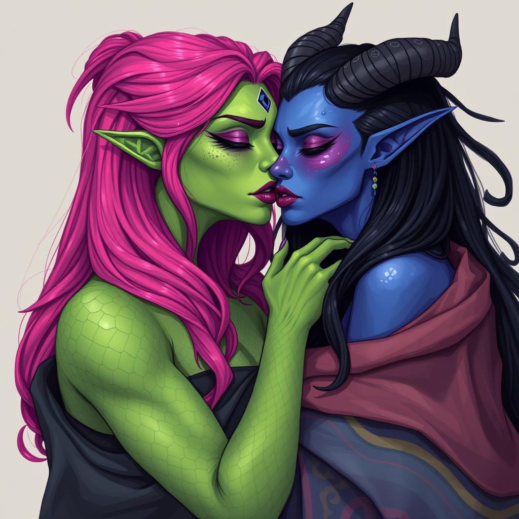 An illustration of a Yuan-ti pureblood woman with vibrant green scaly skin and long, full bright pink hair, adorned with striking purple lipstick, featuring an extra eye on her forehead