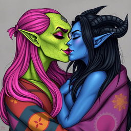 An illustration of a Yuan-ti pureblood woman with vibrant green scaly skin and long, full bright pink hair, adorned with striking purple lipstick, featuring an extra eye on her forehead