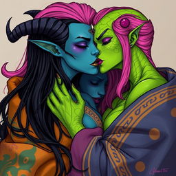 An illustration of a Yuan-ti pureblood woman with vibrant green scaly skin and long, full bright pink hair, adorned with striking purple lipstick, featuring an extra eye on her forehead