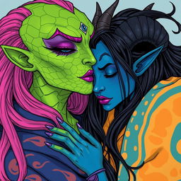 An illustration of a Yuan-ti pureblood woman with vibrant green scaly skin and long, full bright pink hair, adorned with striking purple lipstick, featuring an extra eye on her forehead