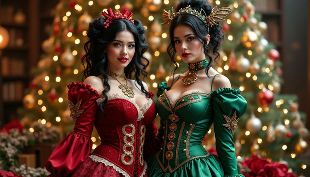 A vibrant scene depicting two busty female villains in a Christmas steampunk setting